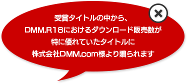 受賞タイトルの中から、DMM.R18におけるダウンロード販売数が特に優れていたタイトルに株式会社DMM.com様より贈られます